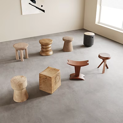 Various Wooden Stools With Unique Designs And Different Shapes In Modern Interior 3d model