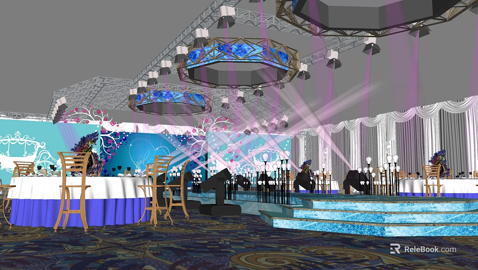 Elegant Banquet Hall With Chandeliers Purple Lighting Stage And Table Chair Setup 3d model 
