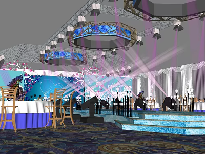Elegant Banquet Hall With Chandeliers Purple Lighting Stage And Table Chair Setup 3d model