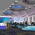 Elegant Banquet Hall With Chandeliers Purple Lighting Stage And Table Chair Setup