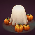 Cute Little White Ghost With Smiling Face And Surrounding Orange Pumpkins On Dark Background