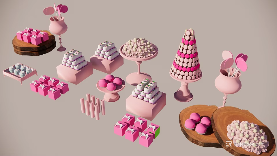 Fresh Pink Fruits Display With Wooden Plates Stacked Dessert Towers And Candy Arrangements 3d model 