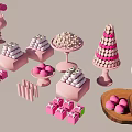 Fresh Pink Fruits Display With Wooden Plates Stacked Dessert Towers And Candy Arrangements