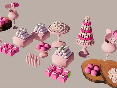 Fresh Pink Fruits Display With Wooden Plates Stacked Dessert Towers And Candy Arrangements 3d model