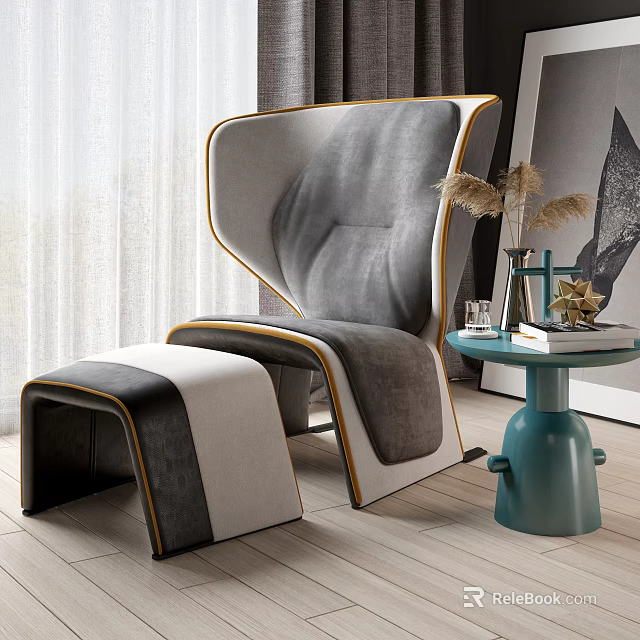 Gray and White Lounge Chair with Yellow Trim Matching Ottoman Blue Side Table and Decorative Plants 3d model 