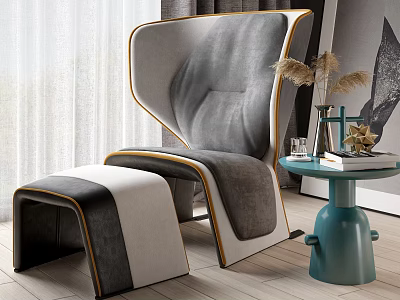 Gray and White Lounge Chair with Yellow Trim Matching Ottoman Blue Side Table and Decorative Plants 3d model