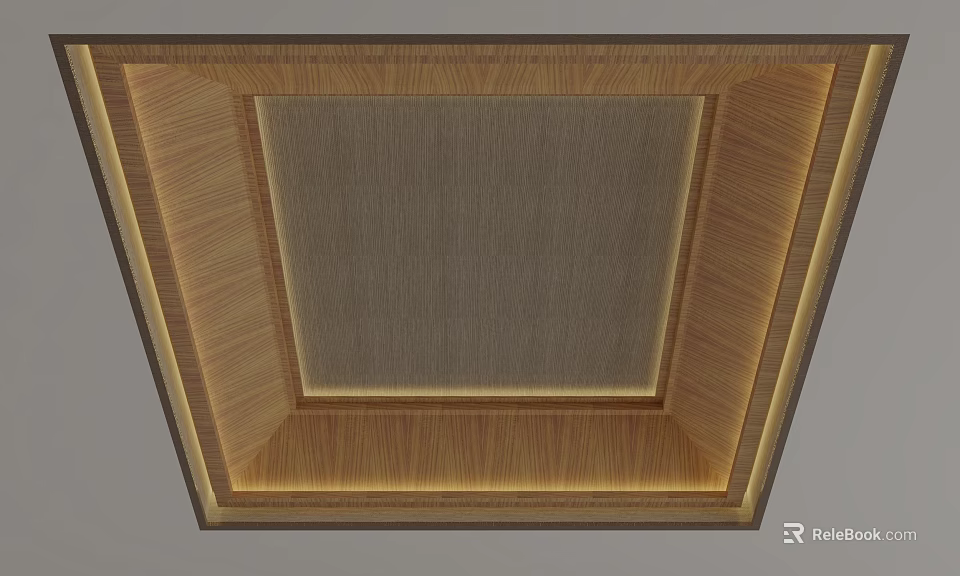 Elegant Wooden Frame Ceiling Design With Textured Central Panel And Warm Lighting 3d model 