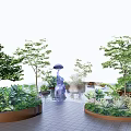 Modern Tree Planters With Green Plants And Water Fountain In Landscaped Pathway