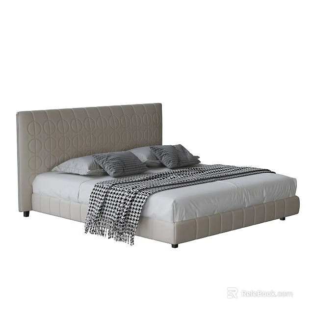 Modern Double Bed with Upholstered Headboard Circular Patterns Two Pillows and Black White Checkered Throw 3d model