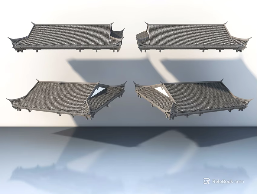Chinese Traditional Roof Models In Four Angles With Gray Tiles And Overhanging Eaves 3d model 