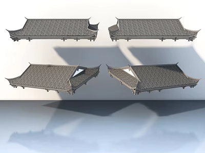 Chinese Traditional Roof Models In Four Angles With Gray Tiles And Overhanging Eaves 3d model