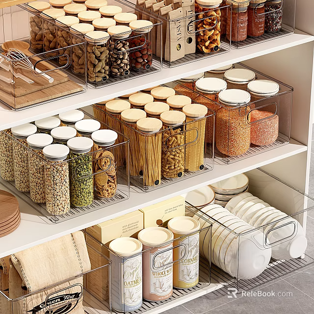 Organized Kitchen Pantry With Transparent Glass Jars Holding Various Grains Beans Pasta On White Shelves 3d model 