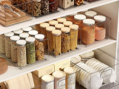 Organized Kitchen Pantry With Transparent Glass Jars Holding Various Grains Beans Pasta On White Shelves 3d model