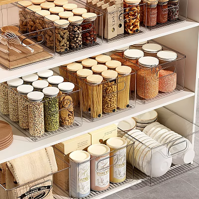 Organized Kitchen Pantry With Transparent Glass Jars Holding Various Grains Beans Pasta On White Shelves 3d model