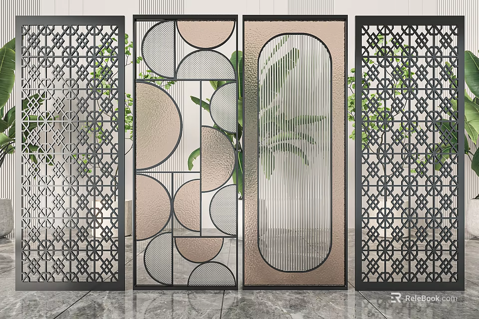 Modern Stylish Room Dividers With Geometric Patterns Metal Frames Glass Panels And Green Plants 3d model 