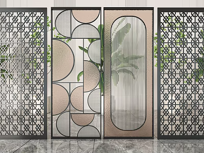 Modern Stylish Room Dividers With Geometric Patterns Metal Frames Glass Panels And Green Plants 3d model