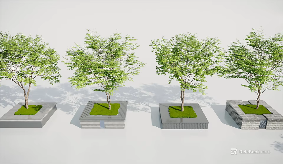 Four Square Tree Planters with Green Trees in Concrete and Brick Bases and Fresh Grass 3d model 