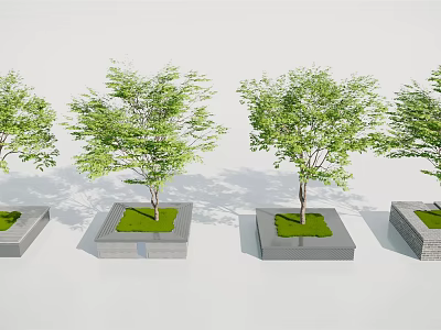 Four Square Tree Planters with Green Trees in Concrete and Brick Bases and Fresh Grass 3d model