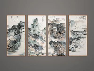 Chinese Traditional Ink Landscape Paintings Four Panel Artwork With Mountains Rivers And Calligraphy 3d model