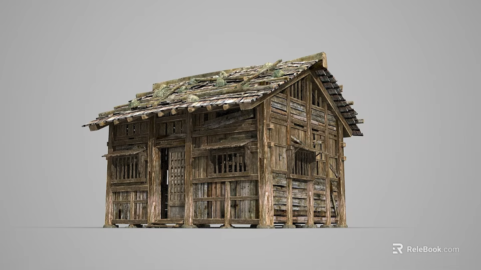 Ancient Traditional Wooden Building Structure With Weathered Roof And Frames 3d model 