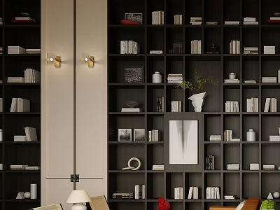 Modern Hotel Public Lounge Interior With Dark Bookshelves Wall Lamps And Green Plants 3d model