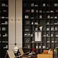 Modern Hotel Public Lounge Interior With Dark Bookshelves Wall Lamps And Green Plants