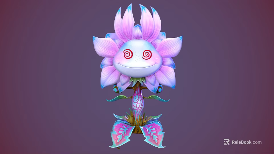 Cartoon Flower Creature with Pink Purple Petals Spiral Red Eyes Green Stem and Colorful Leaves 3d model 