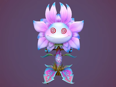 Cartoon Flower Creature with Pink Purple Petals Spiral Red Eyes Green Stem and Colorful Leaves 3d model
