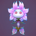 Cartoon Flower Creature with Pink Purple Petals Spiral Red Eyes Green Stem and Colorful Leaves