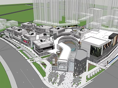 Modern Commercial Street Design With Plaza Shops Greenery And Pedestrian Areas 3d model
