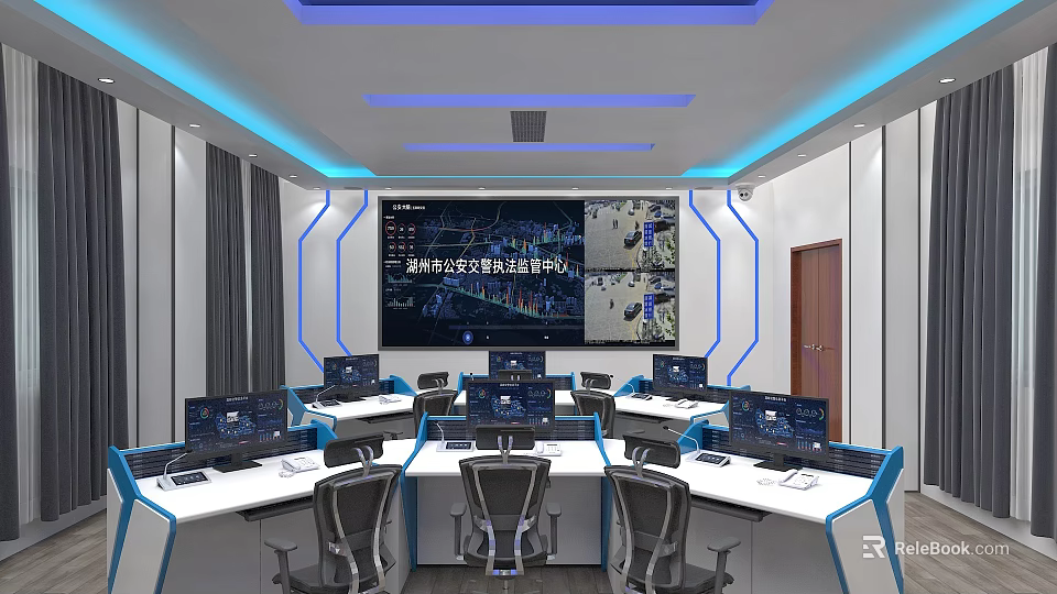 Modern Control Room Interior With Blue Lighting Multiple Monitoring Screens And Workstations 3d model 