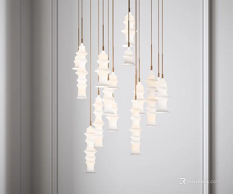 Modern Contemporary Chandelier With Multiple White Tiered Lampshades And Brass Hanging Wires 3d model 