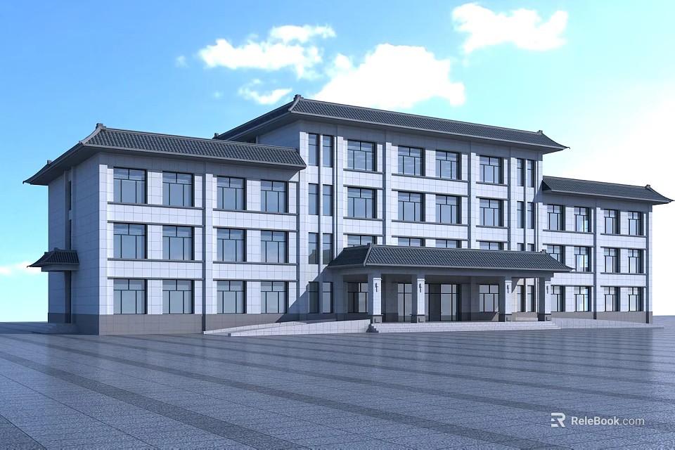 Traditional Chinese Style Office Building With White Facade Dark Roof And Spacious Plaza 3d model 