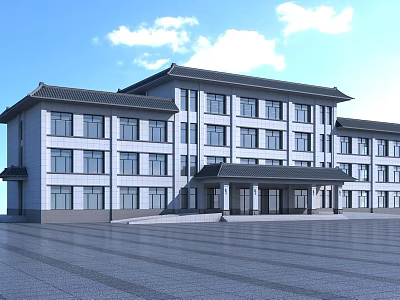 Traditional Chinese Style Office Building With White Facade Dark Roof And Spacious Plaza 3d model
