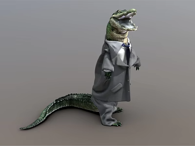 Crocodile Wearing Gray Suit And Tie Standing Upright With Open Mouth 3d model