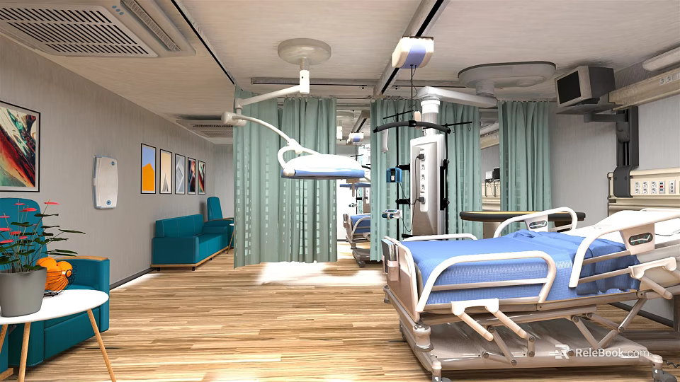 Modern Hospital Ward Interior With Medical Bed Lamp Sofa And Wooden Floor 3d model 