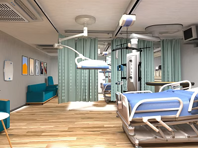 Modern Hospital Ward Interior With Medical Bed Lamp Sofa And Wooden Floor 3d model