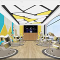 School Music Classroom With Multiple Drum Sets Geometric Ceiling Large Screen And Colorful Decor 3d model