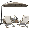 Outdoor Lounge Chairs With Sunshade Umbrella And Decorative Vase On Wooden Stump