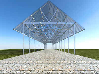 Modern Canopy With Transparent Roof And Metal Frame Over Cobblestone Walkway In Green Grass 3d model
