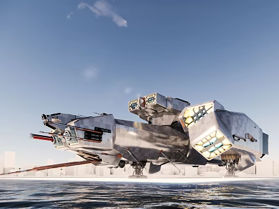 Sci Fi Flying Vehicle Hovering Over Water With Futuristic Metallic Structure And Blue Sky 3d model