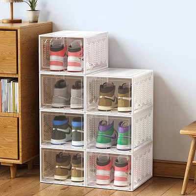 Transparent Stackable Shoe Boxes Storage Cabinet Organizer With Various Shoes 3d model