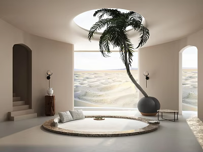 Modern Indoor Retreat Featuring Circular Seating Palm Tree Desert View And Skylight 3d model