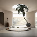 Modern Indoor Retreat Featuring Circular Seating Palm Tree Desert View And Skylight