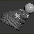 Gray Knitted Beanie With White Patterns And Top White Pom Pom Design 3d model