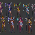 Game Characters With Colorful Costumes Hats And Magic Staff Designs
