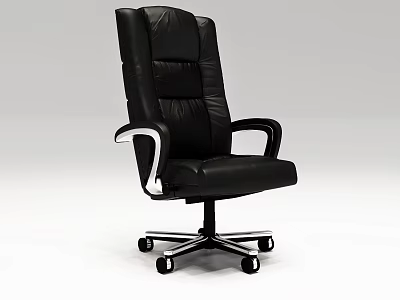 Black Leather Office Chair With High Back Silver Armrests And Five Wheel Base 3d model