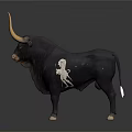 Black bull standing with long yellow horns and white spots on white background