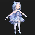 Anime Woman With Long Lavender Hair Blue White Layered Dress White Stockings And Blue Shoes
