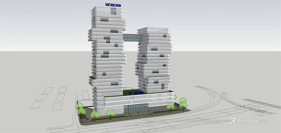 Modern High Rise Office Building With Glass Facade Twin Towers And Landscaping 3d model 